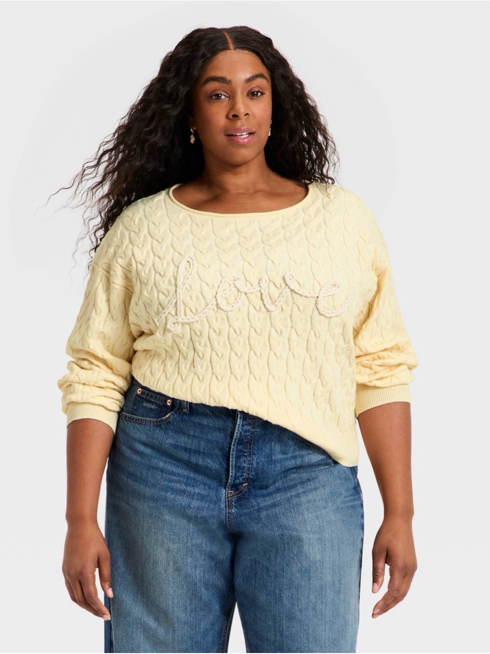 Women’s 1X Cozy Wide Crewneck LOVE Pullover sweater cream cable knit NWT cotton